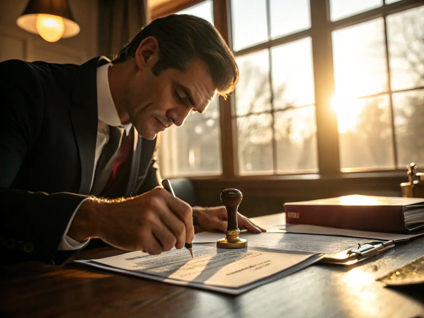 A close-up shot of a notary public's stamp being applied to a legal document, emphasizing the precision and official nature of the notarization process. The background is blurred to focus on the stamp and document.