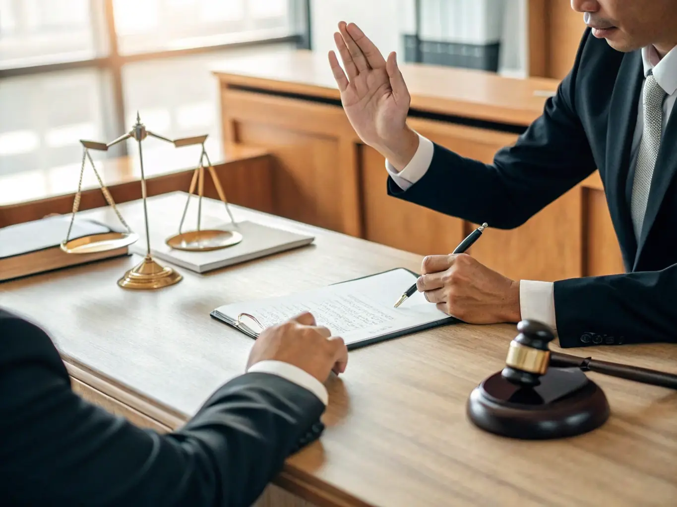 A notary public administering an oath to a witness, emphasizing the solemnity and legal weight of the process. The scene is set in a formal setting, such as a courtroom or office.