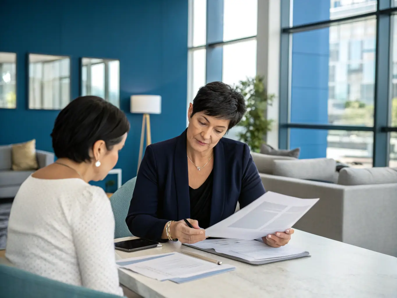 A professional notary public reviewing a stack of loan documents with a client, highlighting the thoroughness and attention to detail involved in loan signings. The setting is a modern office environment.
