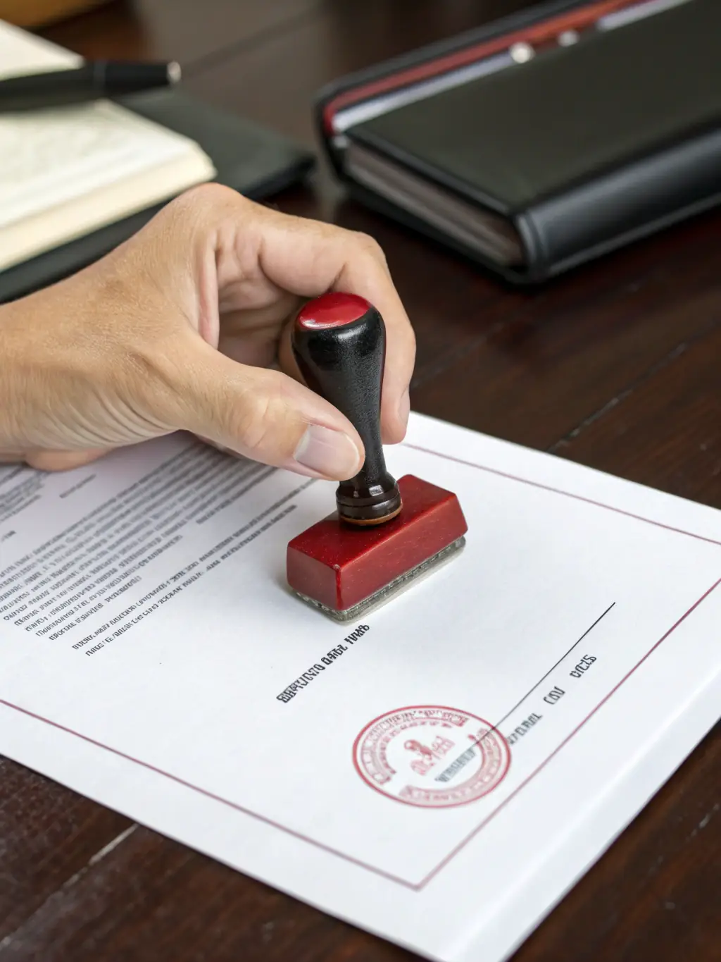 A close-up shot of a notary's hand carefully placing a seal on a legal document, emphasizing accuracy and attention to detail.