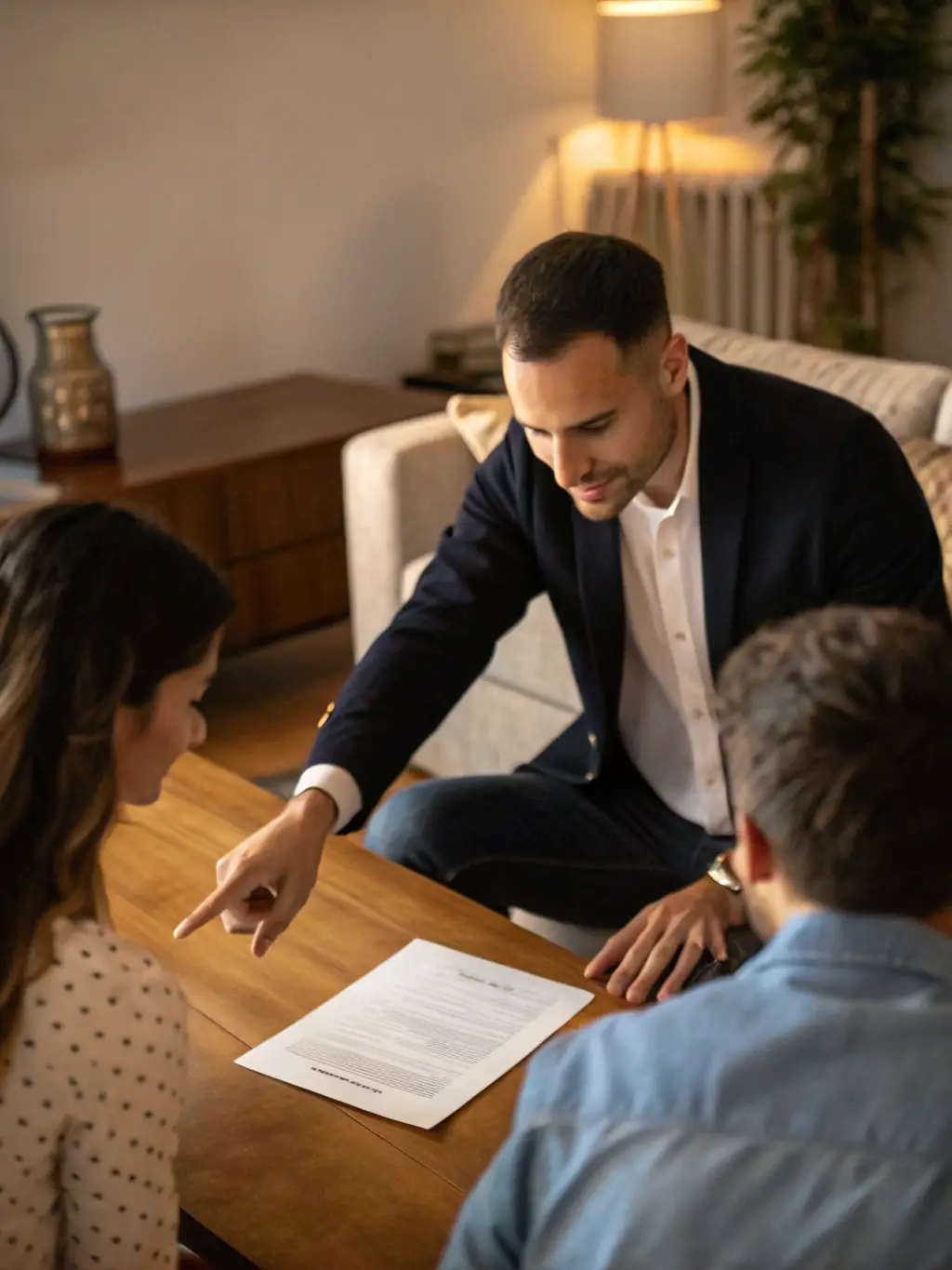 A notary overseeing a loan signing with clients signing documents at a desk, with a laptop and legal papers, representing loan signing services.