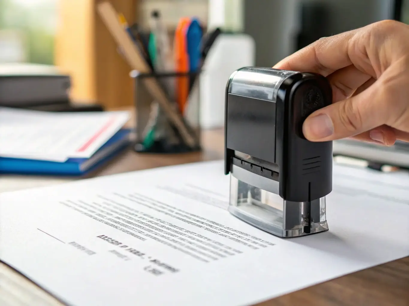 A close-up shot of a notary public's stamp being pressed onto a legal document, with a blurred background of official papers and a professional setting.