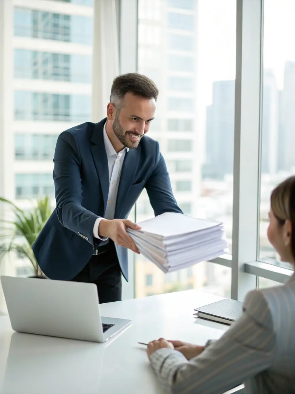 A person handing over important documents to a notary for verification, highlighting the trust and reliability of the service.