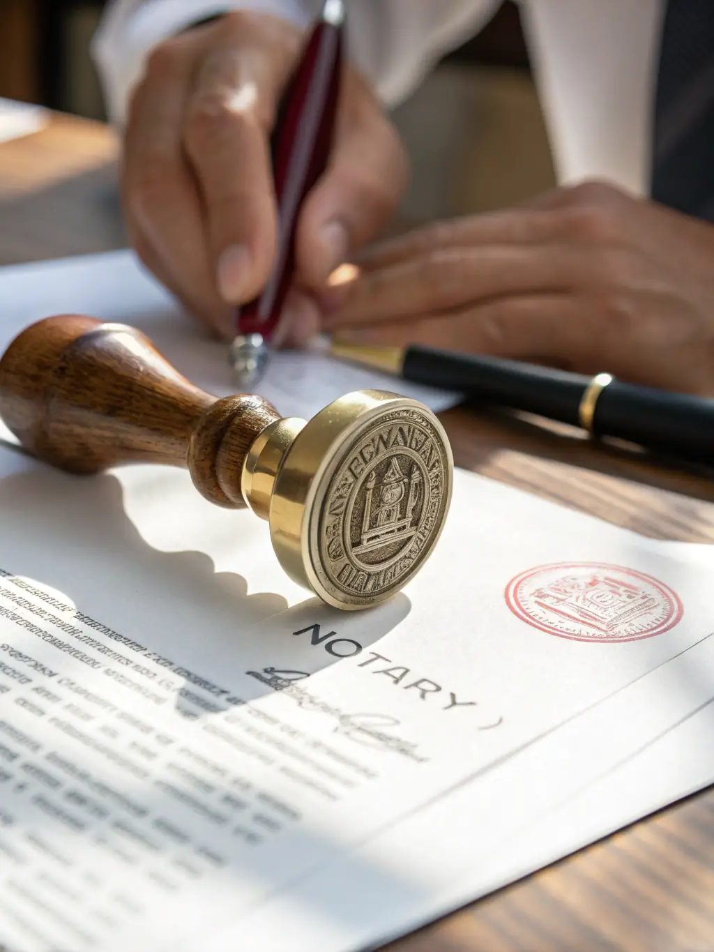 A professional notary stamping a document with a seal, with a background of legal papers and a stamp pad, representing document notarization services.